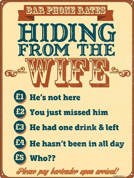 

Tin Sign Hiding From The Wife Bar Phone Rates 20x30cm
