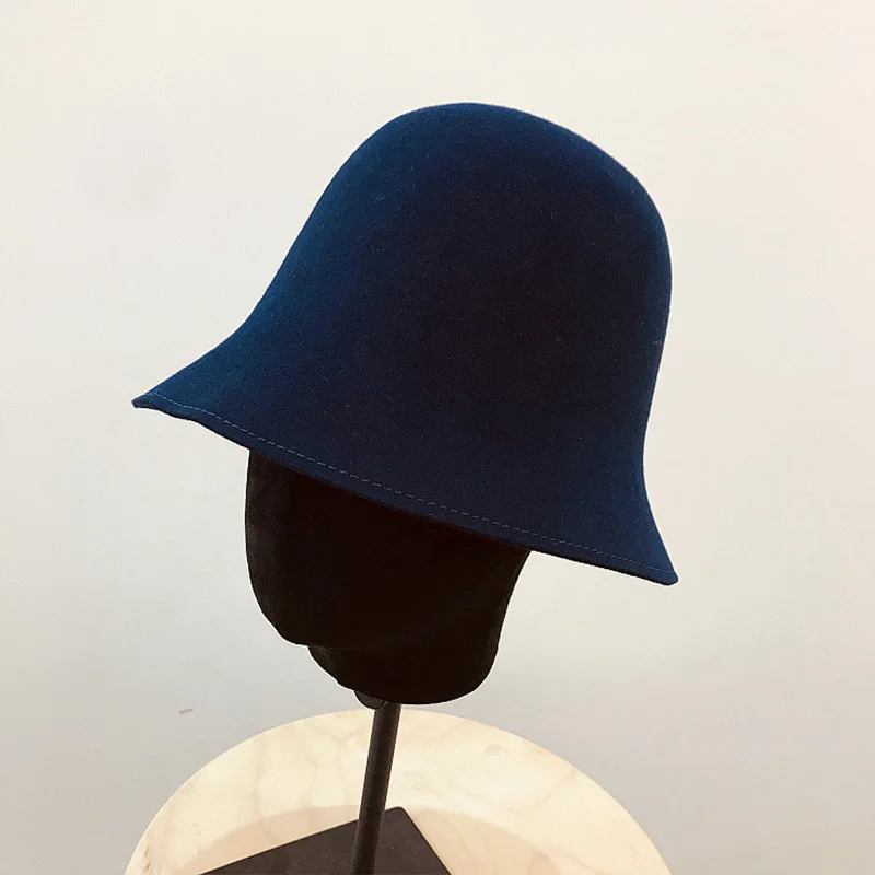 Navy Blue Новинка, модные теплые шапки из шерсти, одноцветные, с плоским козырьком, Женская фетровая шляпа, шляпа-котелок, классическая шляпа-котелок, церковная шляпа - Цвет: Navy Blue