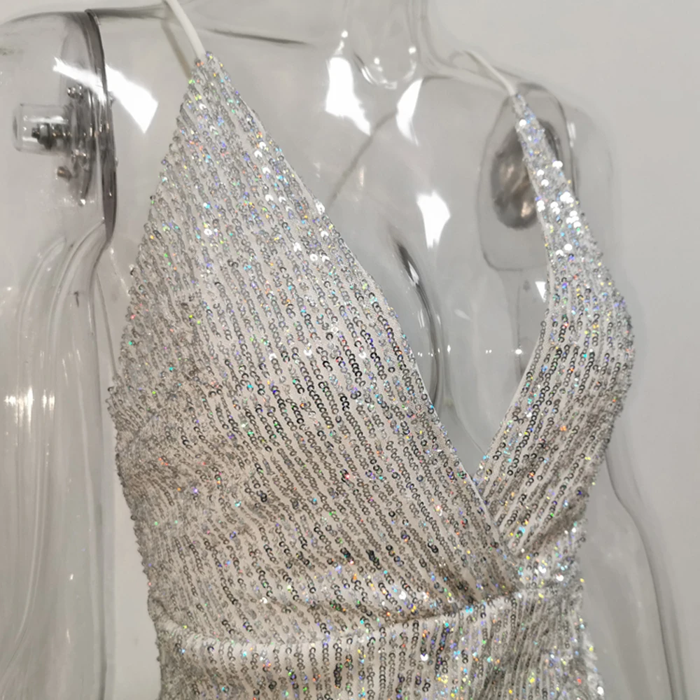 

Fyrneh Lady Sexy Deep V-Neck Wrap Spaghetti Strap Backless Party Dress Glitter Sequined Ruched Fashion Chic Night Club Vestidos