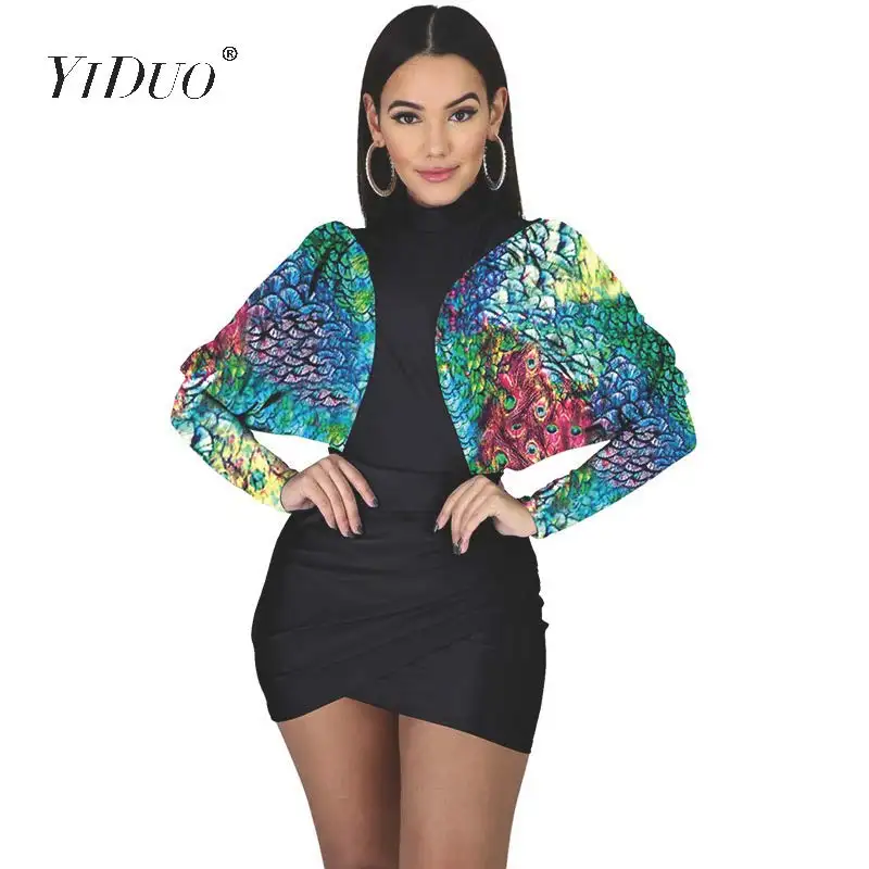 

YiDuo Women O-Neck Bodycon Batwing Sleeve Pencil Dress Skinny Mini Short Sexy Dress Ladies Peacock Print Casual Black Dress 2020