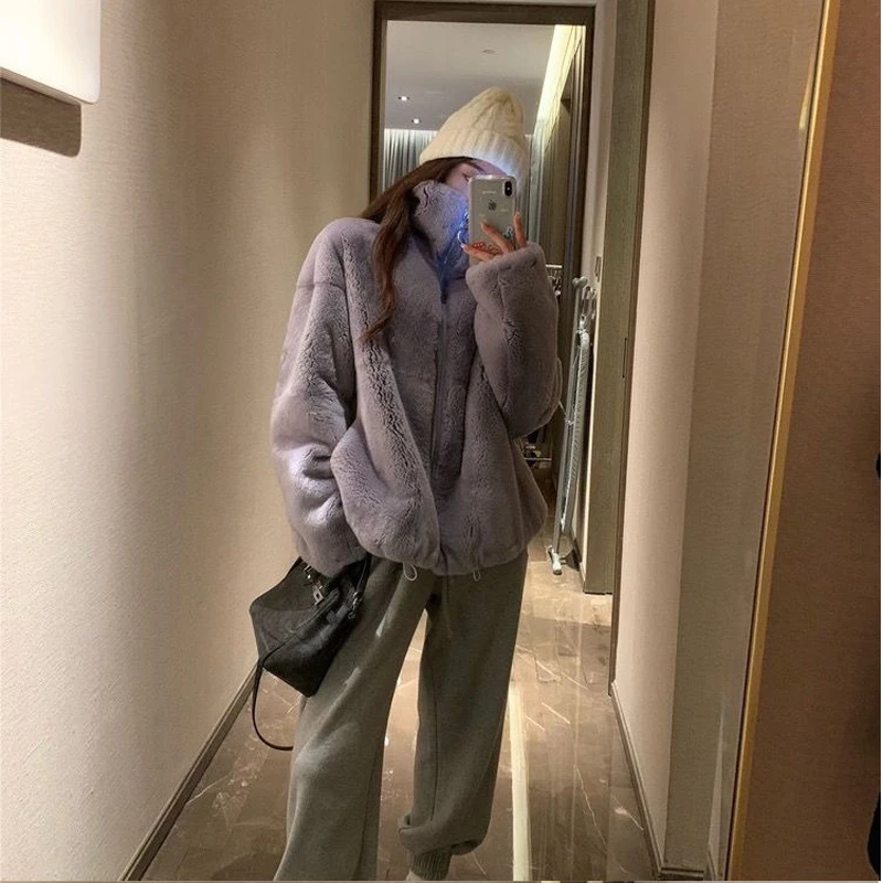 Женская реальная натуральная флисовая куртка большого размера фиолетового