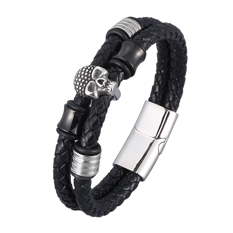 

Fashion Punk Black Double Braided Leather Skull Bracelet Men Wristband Stainless Steel Male Bangles Party Jewelry Gift SP0940