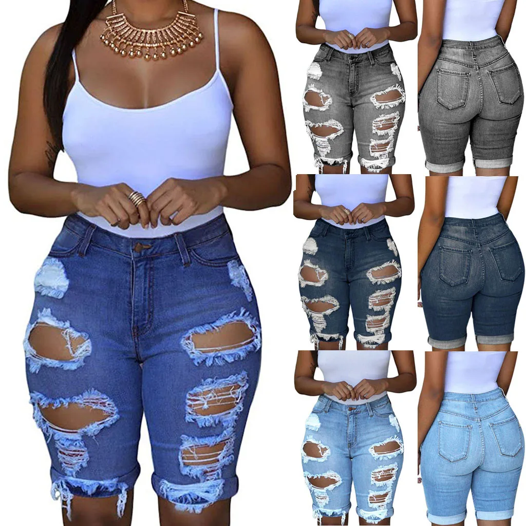 Джинсовые шорты с высокой талией эластичные спортивные для фитнеса рваные