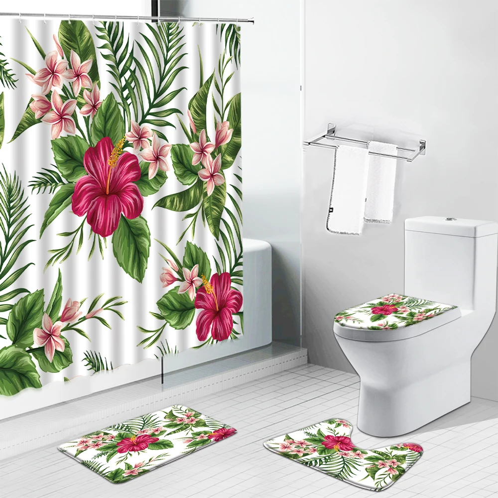 

Tropical Green Plant Monstera Shower Curtains Bath Mat Flower Leaves Scenery Non-Slip Carpet Toilet Cover Rug Bathroom Decor Set