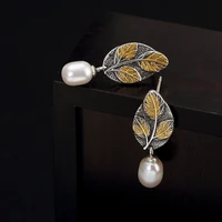 baifuming s925 sterling silver natural pearl leaves retro all matching ladies ear studs eardrops ear rings