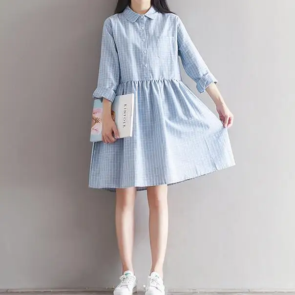 2019 Mori Girl весенне осеннее женское клетчатое платье с отложным воротником и