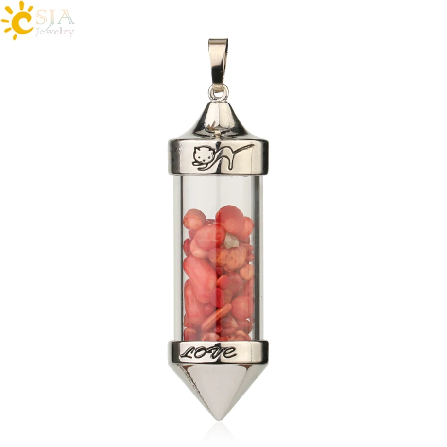 Red Jasper Csja желая Подвески с флаконами ожерелья натуральный камень Гравий в форме пули кулон Романтическая любовь юбилей подарок для женщин G184 - Окраска металла: Red Jasper
