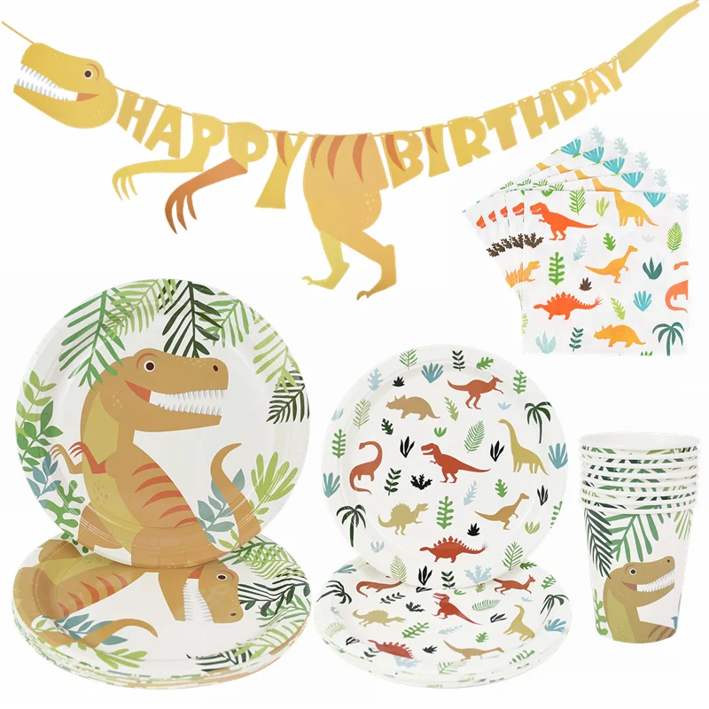 Dinosaur Theme Party Disposable Tableware Paper Plate Cup Napkin Safari Jungle Party Kids Birthday Banner Decoration Baby Shower 69pcs dinosaur theme paper cup paper tray paper napkins hat for kids birthday party decoration for
