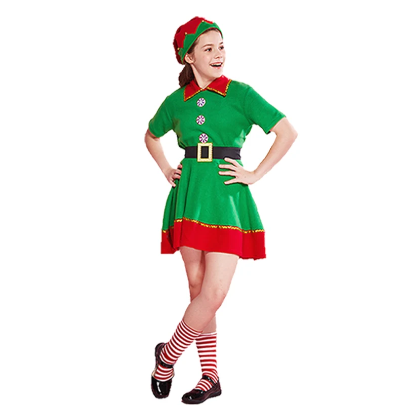 GIRLS Eraspooky/Коллекция года, зеленый Рождественский эльфийский костюм, платье для взрослых, костюм Санта-Клауса, Одинаковая одежда для семьи Детский новогодний наряд для вечеринки - Цвет: GIRLS