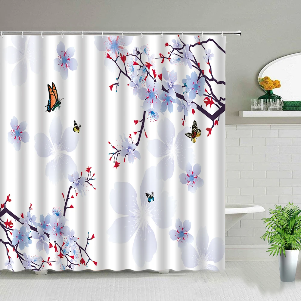 

Chinese Style Flower Butterfly Scenery Shower Curtain Floral Plant Landscape Bathroom Waterproof Fabric Hanging Curtains Hooks