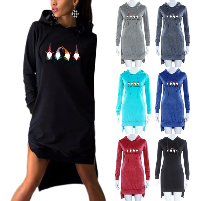 

2021 Autumn Winter Women's Solid Color Christmas Hooded Long Sleeved Dress Warm Female Outer Casual Wear Street Fashion Dress