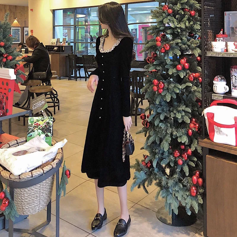 

Винтажное бархатное черное платье с длинным рукавом, французское кружевное женское теплое платье миди, весеннее корейское цельное женское ...