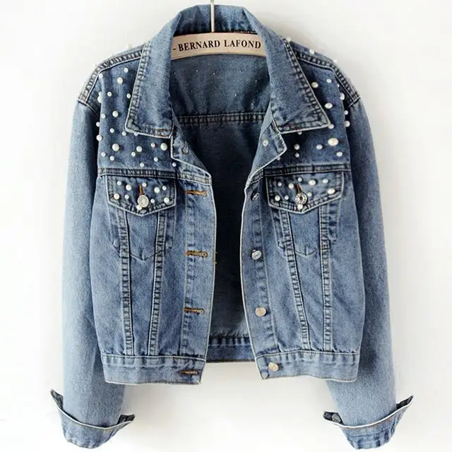 Рваные женские джинсы с длинными рукавами и бусинами из жемчуга куртка пальто