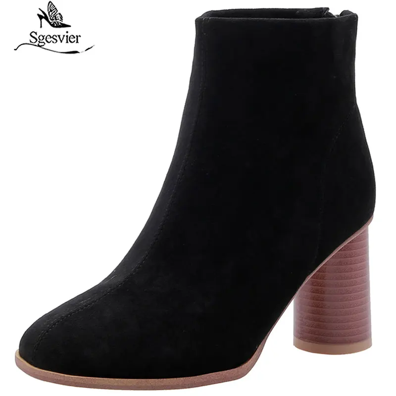 Sgesвье зимние женские ботинки из флока на высоком каблуке ботильоны с круглым