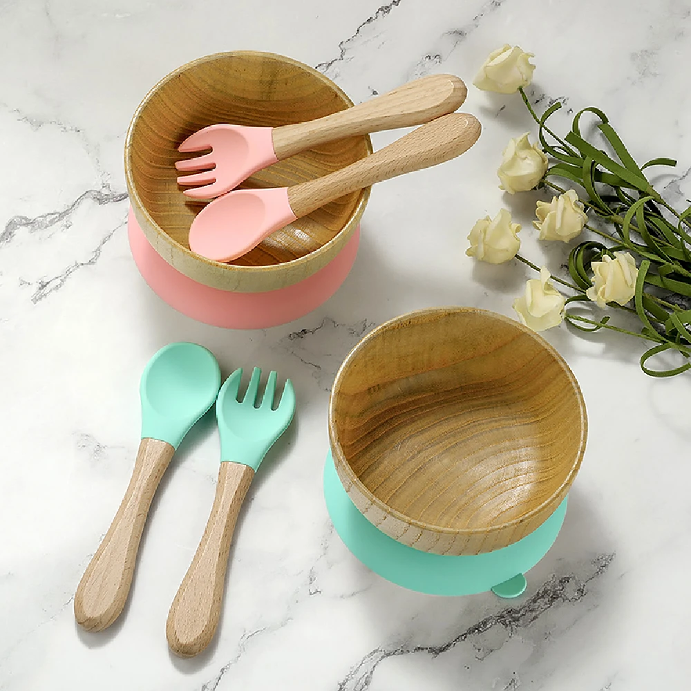 

Baby Feeding Bowl Spoon Fork Food Tableware Kids Wooden Training Plate Silicone Suction Cup Removable Children's Dishes Goods