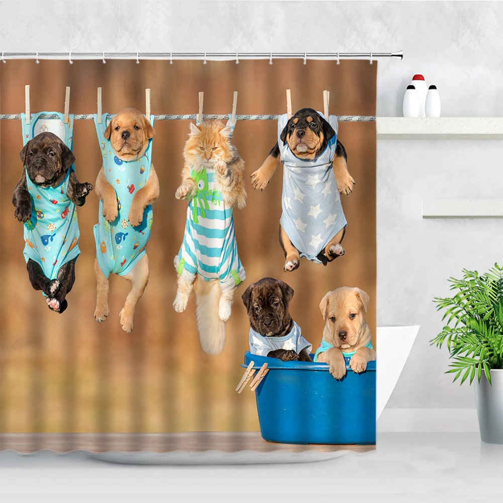 cute cat dog pattern shower curtains funny animal pink flowers 3d print waterproof fabric bath decor hooks bathroom curtain sets free global shipping