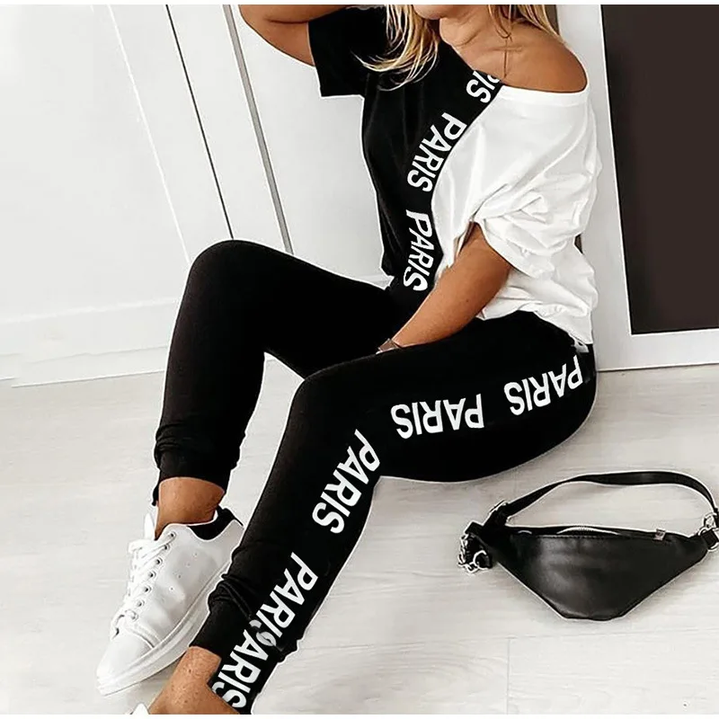 

Summer Suit Short-sleeved Color-blocking Tops and Pants Suit Women's Suit Letter Pint Off-shoulder Women's Sweater Two-piece Sui