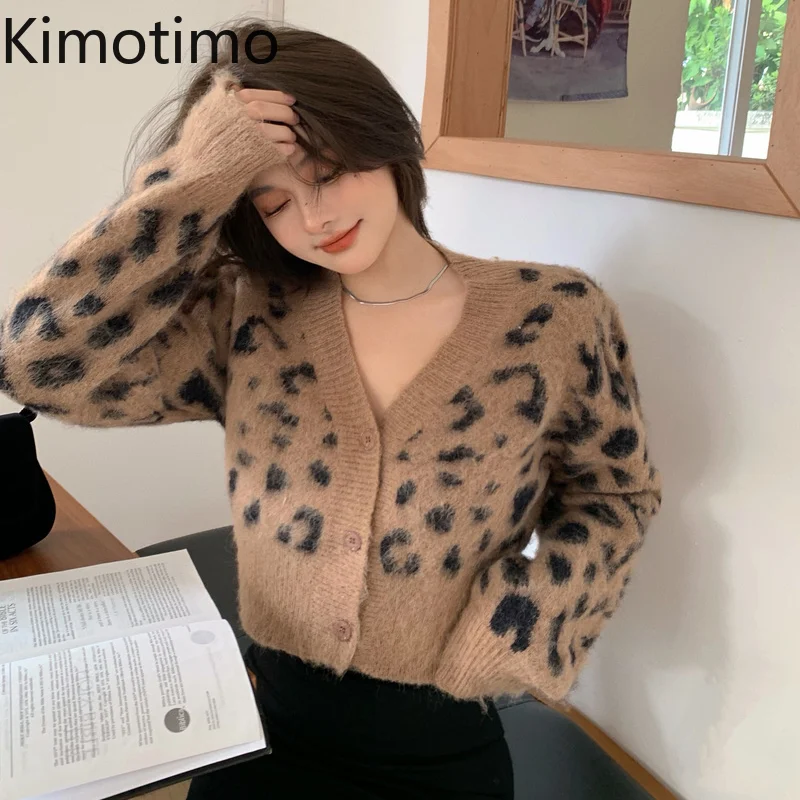 

Kimotimo мохеровый Леопардовый вязаный кардиган, женский осенне-зимний винтажный укороченный свитер с V-образным вырезом, Корейская шикарная у...