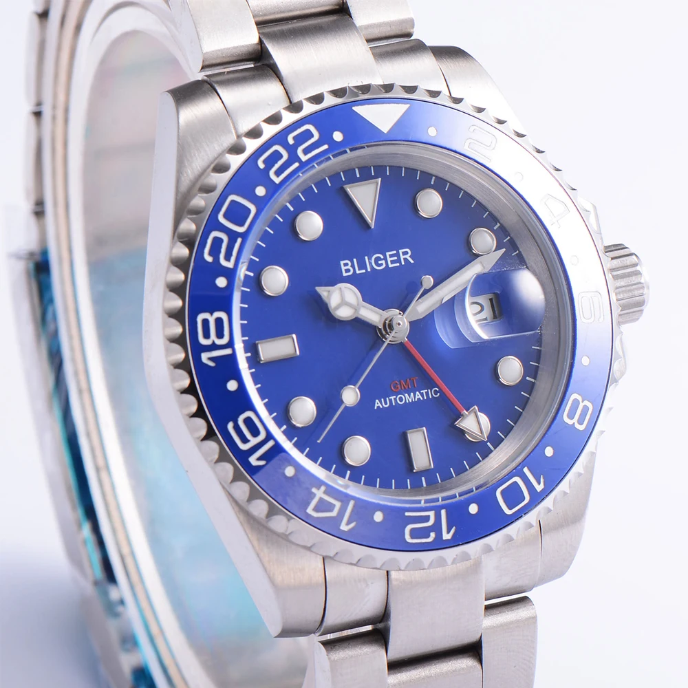 BLIGER 40 мм Мужская модная функция GMT автоматические механические часы со стальным