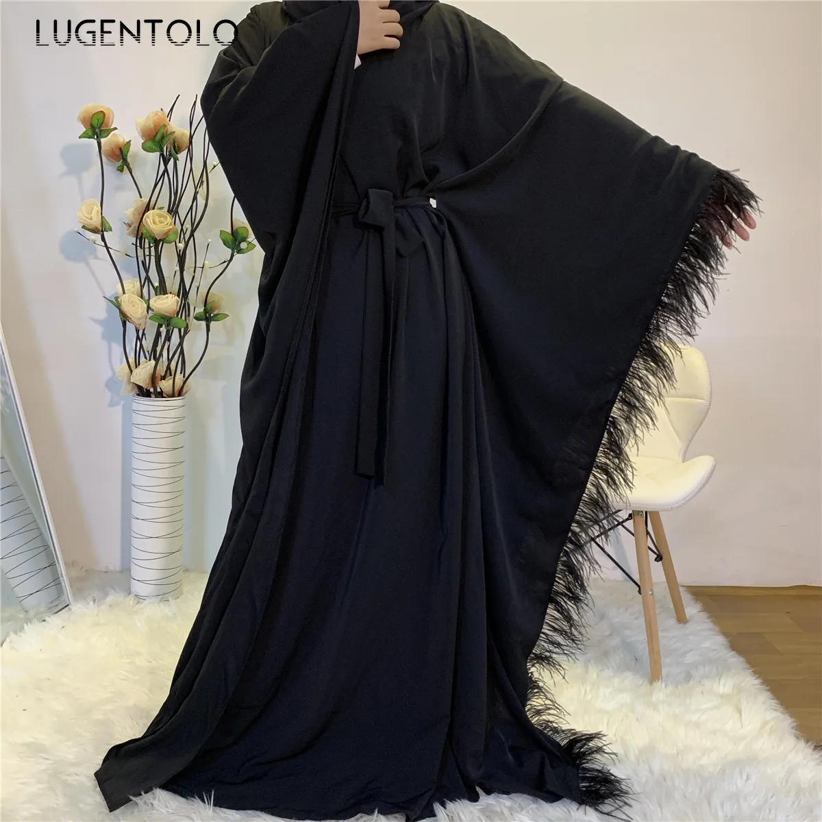 

Women Elegant Dress Stitching Feather Tassel Loose Fashion Muslim Long Bat Sleeve Large Size Lady Dinner Maxi Dress Lugentolo
