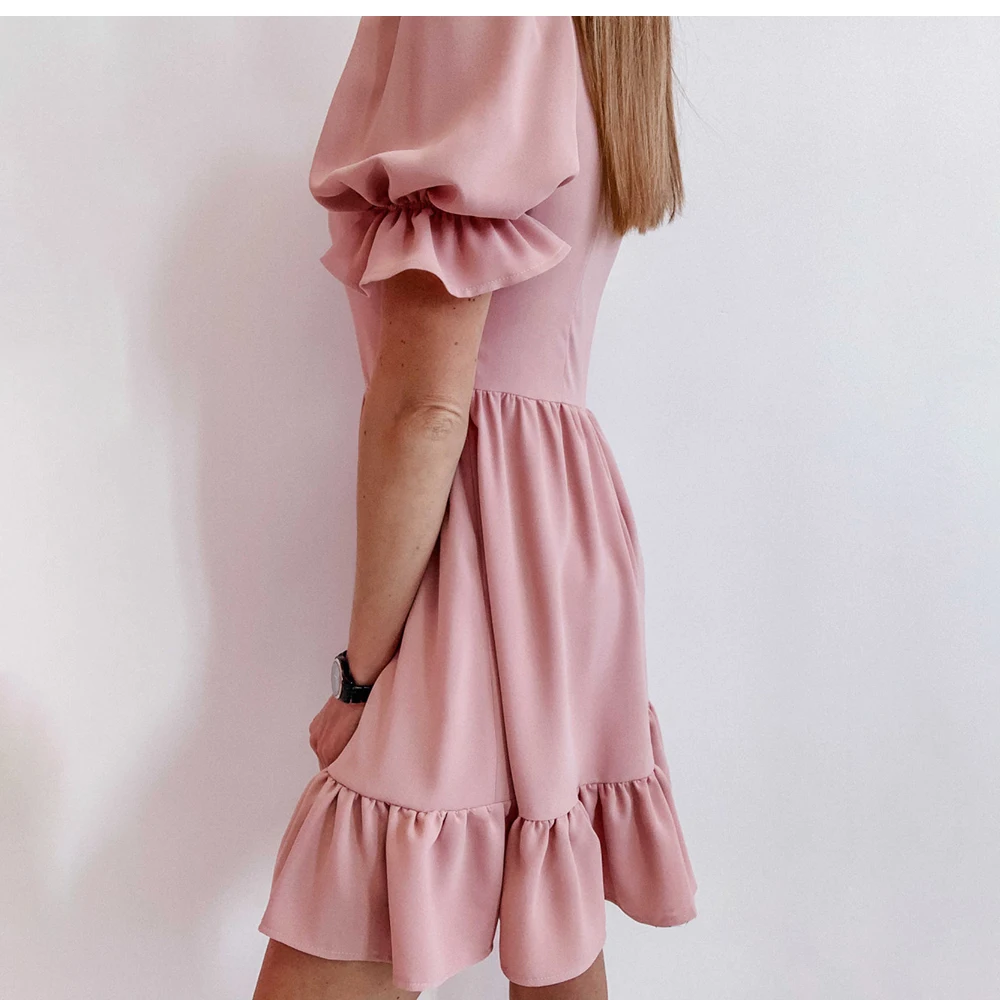 

Summer Dress Women Fashion Square Collar Black Pink Mini Dresses Casual Short Sleeve Ruffles Elegant Beach Dress For Femme