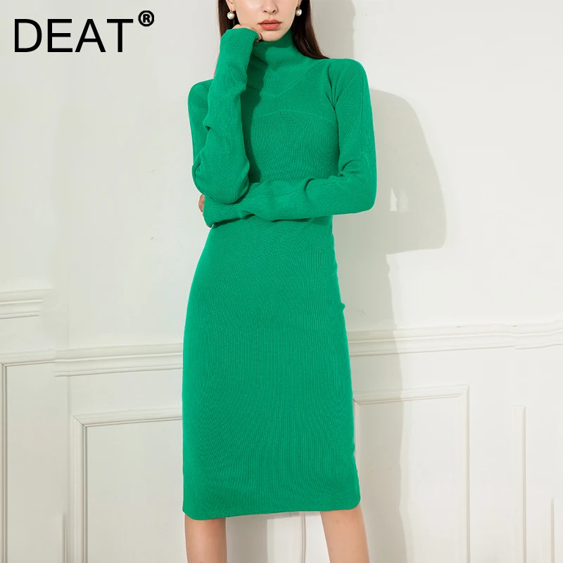 

DEAT 2021 New Autumn Winter Fashion Casual Green Long Sleeved Knitted Slim Hip High Neck Bottomed Sweater Dress Women SL745