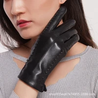 2021 winter womens gloves pu leather plus velvet warm fashion outdoor cycling touch screen windproof driving black gloves