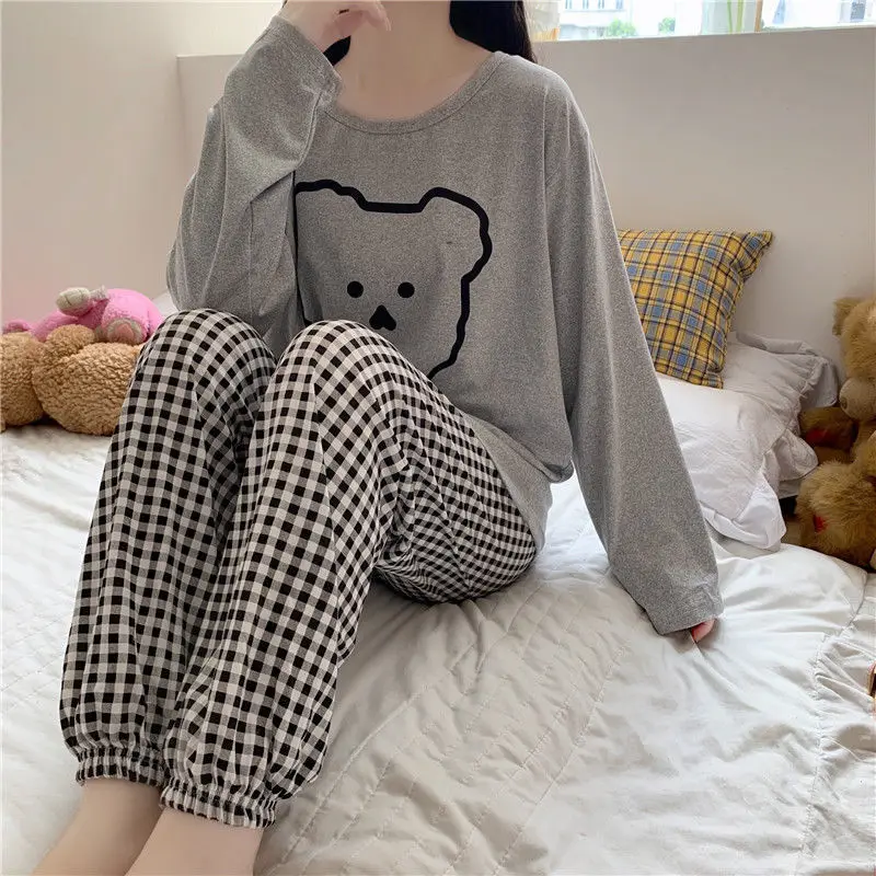 

HOUZHOU Pajamas for Teen Girls Kawaii Bear Pijamas Women's Long Sleeve Top Plaid Bottoms Pyjamas Sleepwear Sets Female Spring