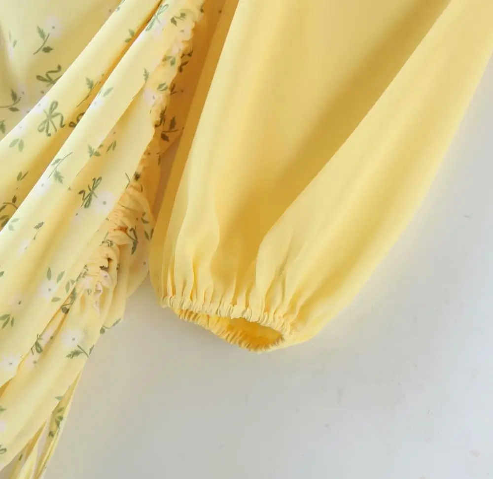 

vintage floral yellow chiffon dress women summer spring long sleeve square collar mini vintage dress yellow vestidos mujer