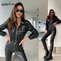 free shipping fashion women zipper jumpsuit faux leather jumpsuit stand collar long sleeve belt pu motorcycle jumpsuit 2021 new