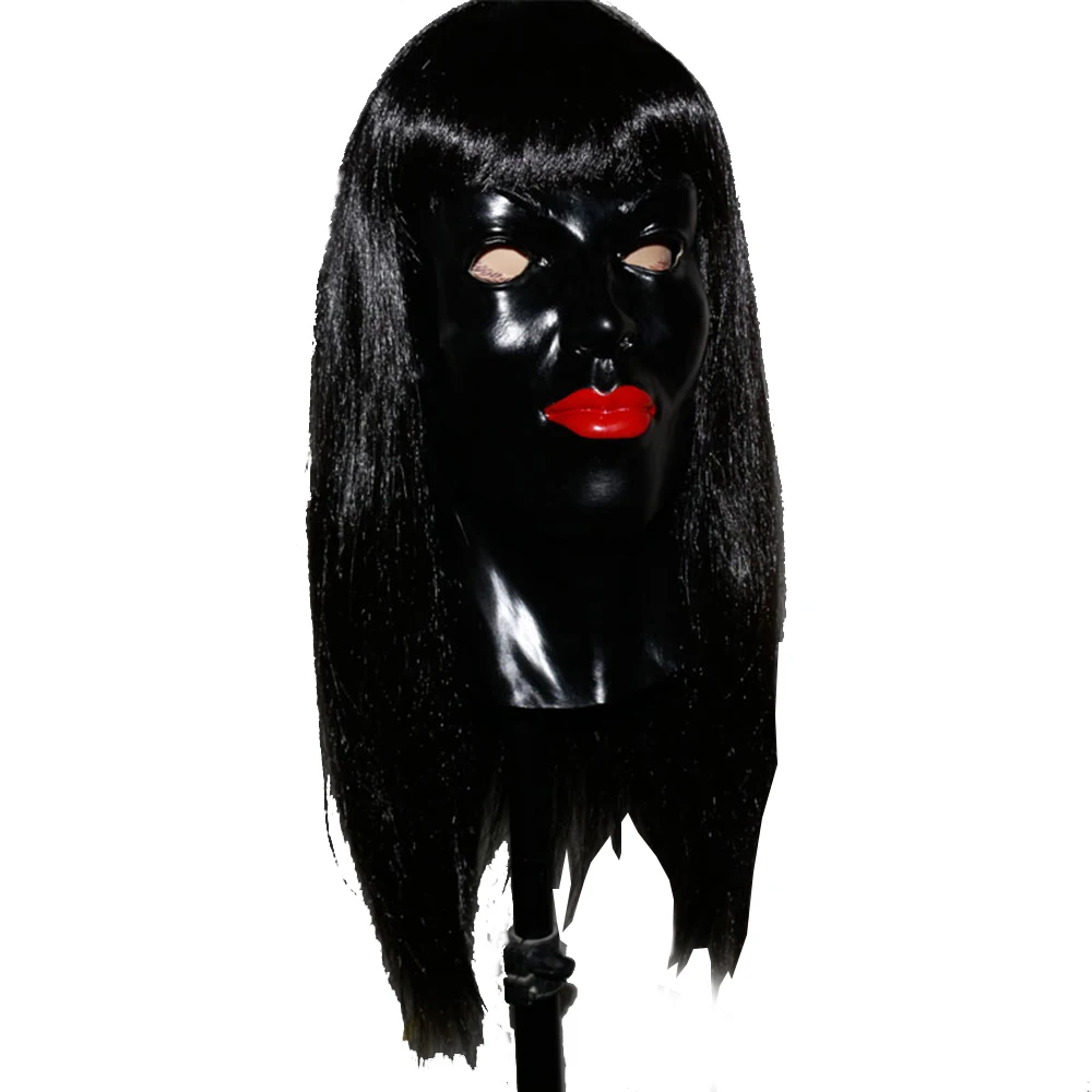 

Realistic Black Latex Female Human Face Mask With Wig Disguise Costume Adults