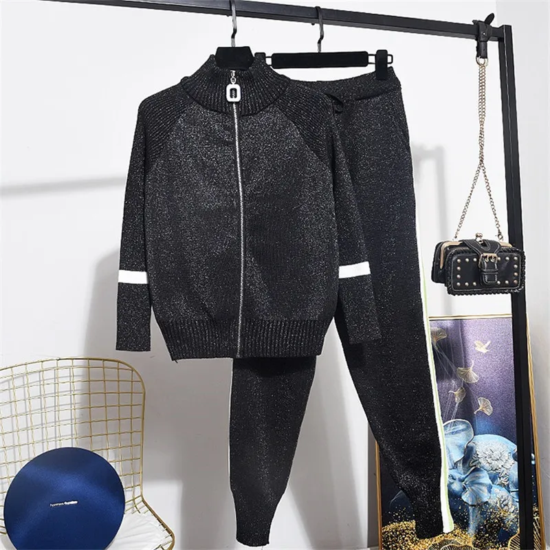 Fashion Turtleneck Sports Knitting Tracksuit Set Women Casual Loose Bright Wire Knitted Cardigan Long Pants Two Piece Female |