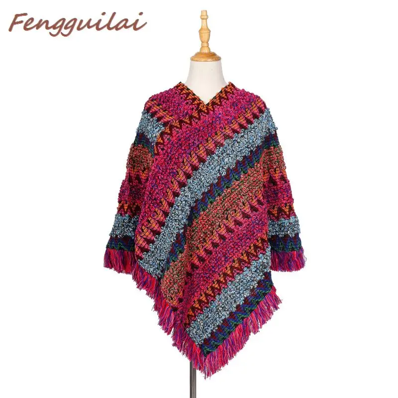 PINK FENGGUILAI стильный женский свитер-накидка с кисточками, повседневный вязаный пуловер с высоким воротом и рукавами летучая мышь, лоскутные накидки, один размер - Цвет: PINK