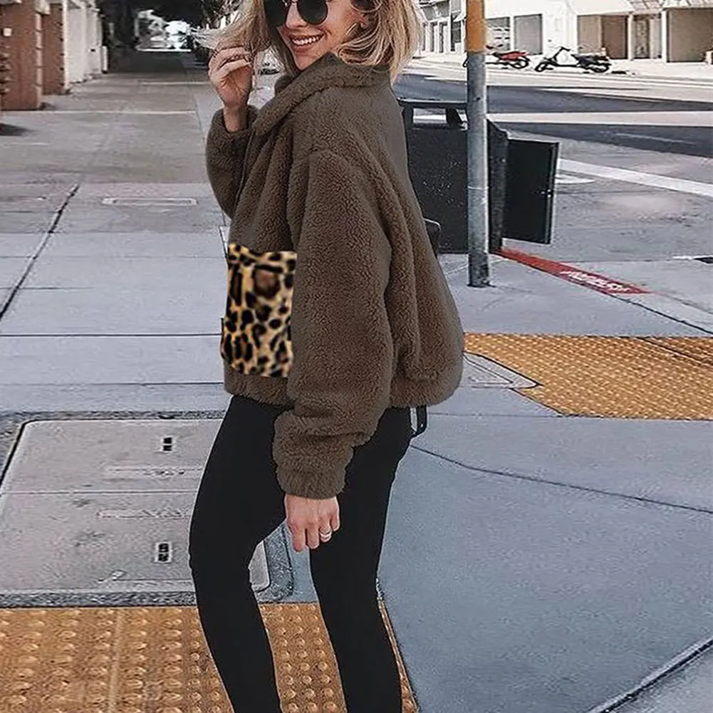 

Newly Women Plush Jackets Leopard Pockets Stitching Long Sleeve Coat Autumn Winter m99