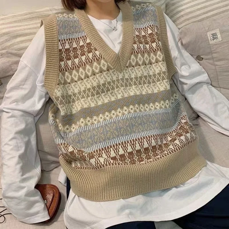 

Женский свитер без рукавов, с V-образным вырезом, винтажный осенне-зимний Полосатый пуловер, повседневный женский свитер в стиле преппи