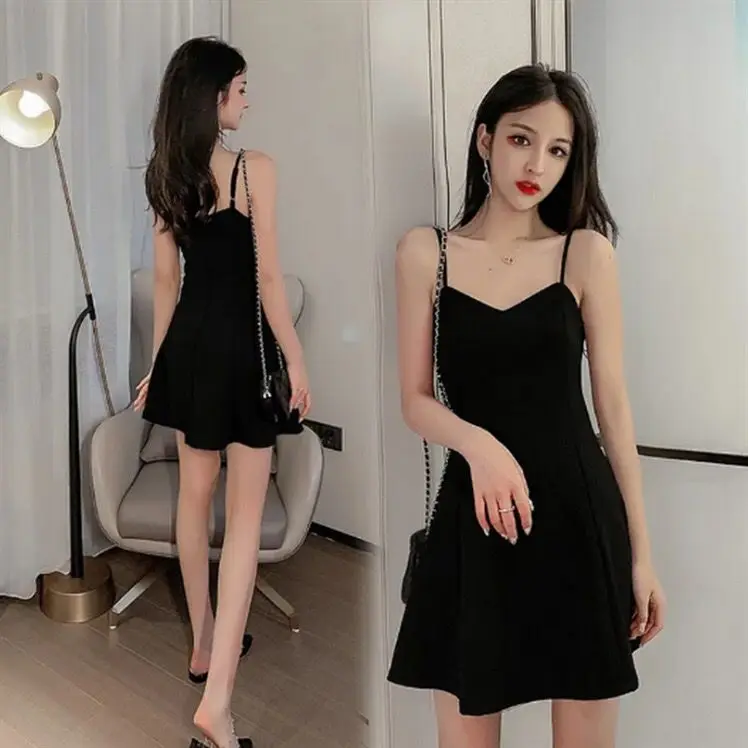 

Dress women's summer thin base strap A-line small black skirt sexy short skirt