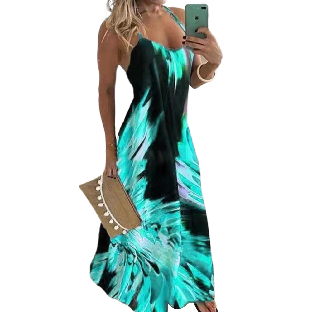 

Ladies Flame Printing Strap Dress Summer Stylish Backless Type Long Skirt Women Temperament Casual Slip Dress for