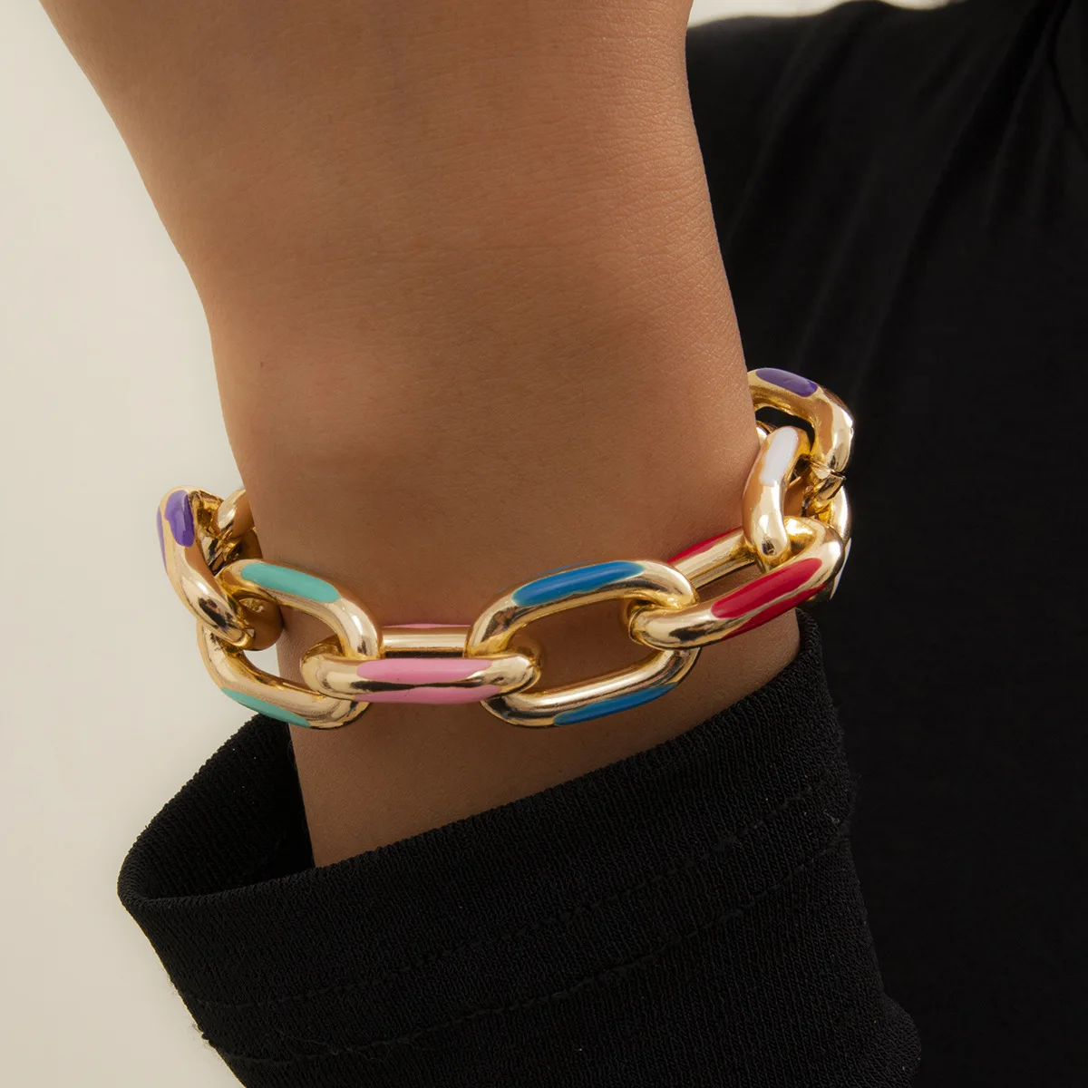 

Bohemian Colorful Painted Aluminum Chain Charm Bracelet Jewelry For Women Fashion Trendy Chunky Cross Chain Bangle Bracelet
