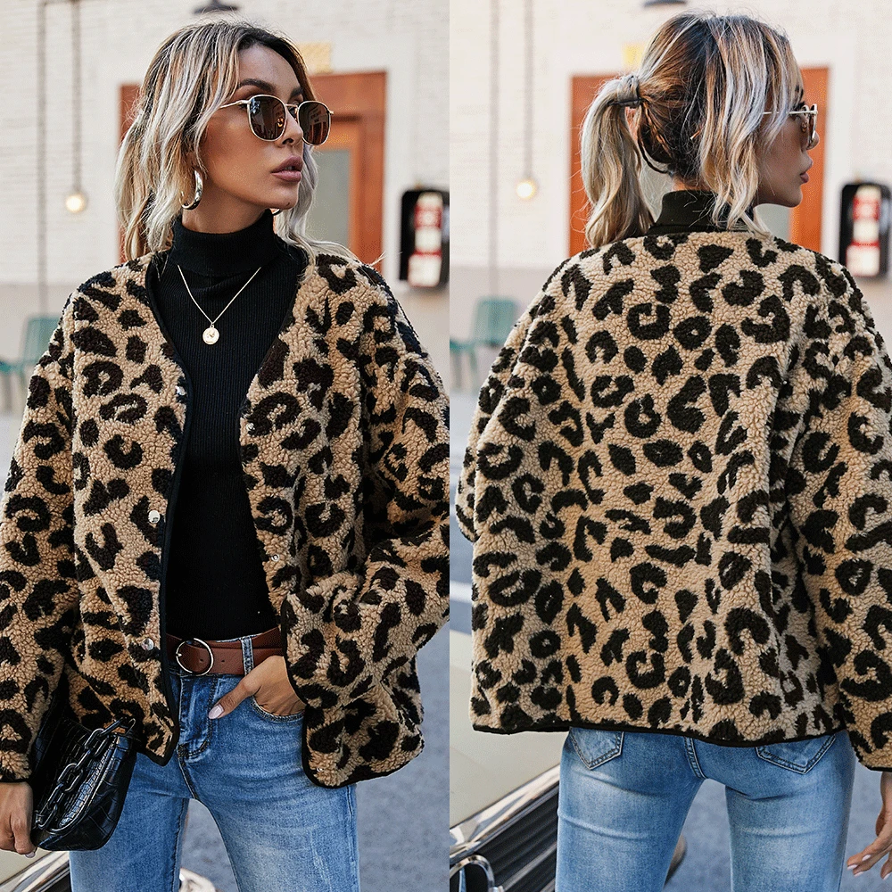 

Women Spring Coat Woolen Korean Youth Ladies Plus Size Loose-fitting Short Leopard Print Plush Jacket Women Pocket Long Sleeves