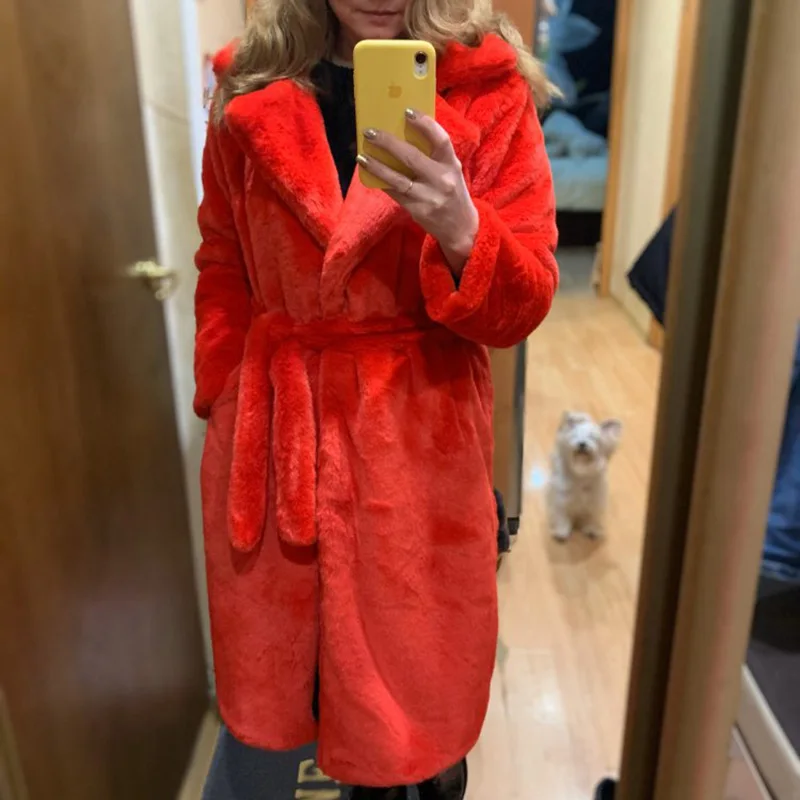 Winter Women High Quality Faux Rabbit Fur Coat Luxury Long Fur Coat Loose Lapel OverCoat Thick Warm Female Plush Coats