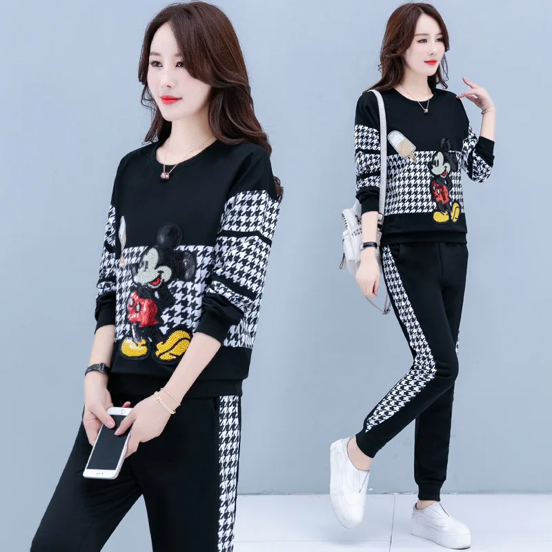 

Disney Mickey Mouse sequined houndstooth two piece suit women's new casual fashion sweater T shirt trousers suit woman