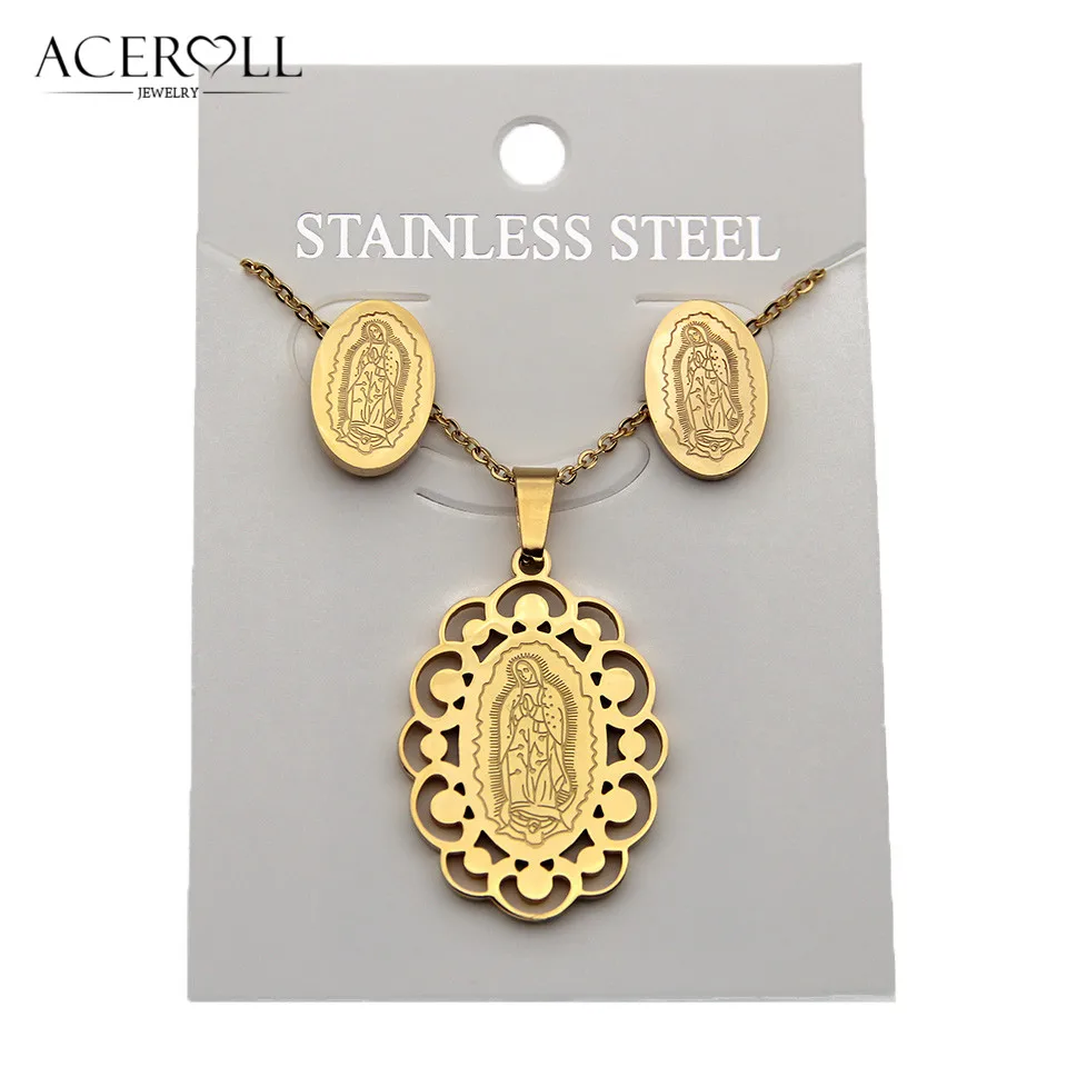 Асеролл из нержавеющей стали католические серьги и кулон ожерелье с овальной