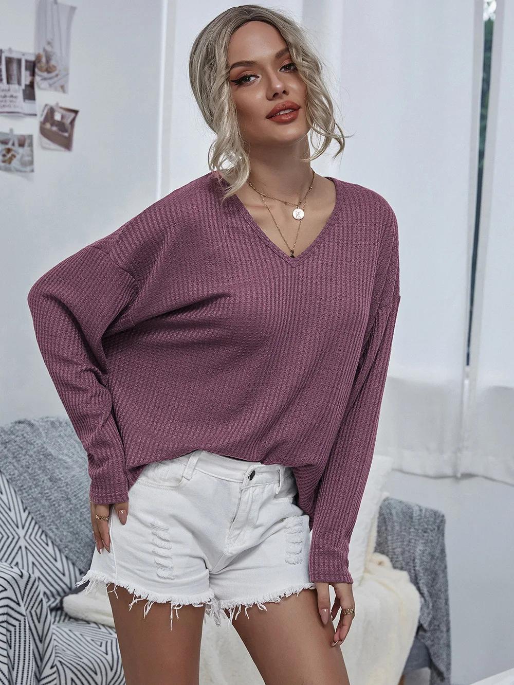 

Women Autumn Loose Knitwear, Casual Style Solid Color Long Sleeve V-neck Pullover sweaters for women 2020