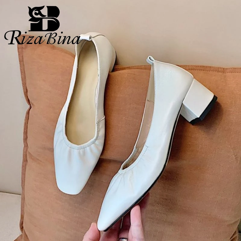 

RIZABINA New Pumps Women Genuine Leather Thick Heel Women High Heel Shoes Fashion Cool Ladies Shoes Spring Footwear Size 33-40