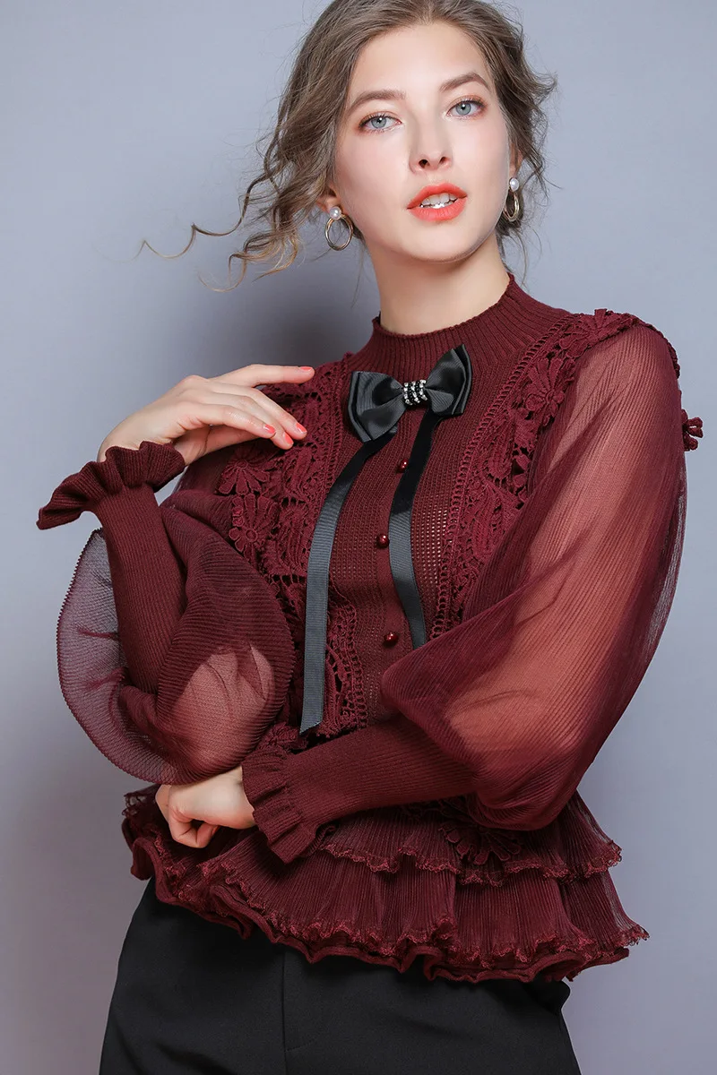 

Fashion Runway Pullover Blouse Women's Stand Collar Long Sleeves Embroidery Ruffles Floral Patchwork Casual Designer Shirt Top