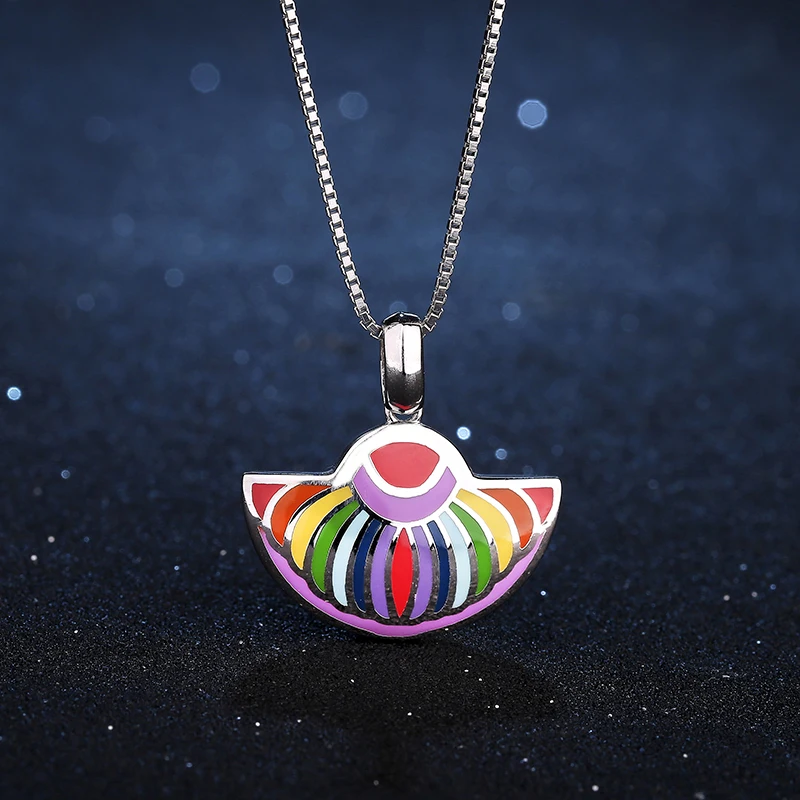 Beautiful Mood Necklace Fan Shape Rainbow 2021 Fashion Jewelry for Women 925 Sterling Silver Charms Party Colorful Enamel | Украшения и