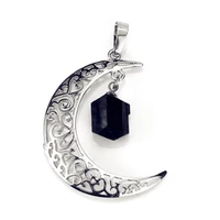 fyjs unique jewelry silver plated crescent moon with small irregular shape black tourmaline stone pendant