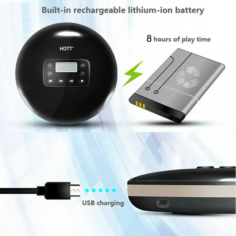 HOTT CD711T перезаряжаемый Bluetooth портативный MP3 CD плеер для дома путешествия и