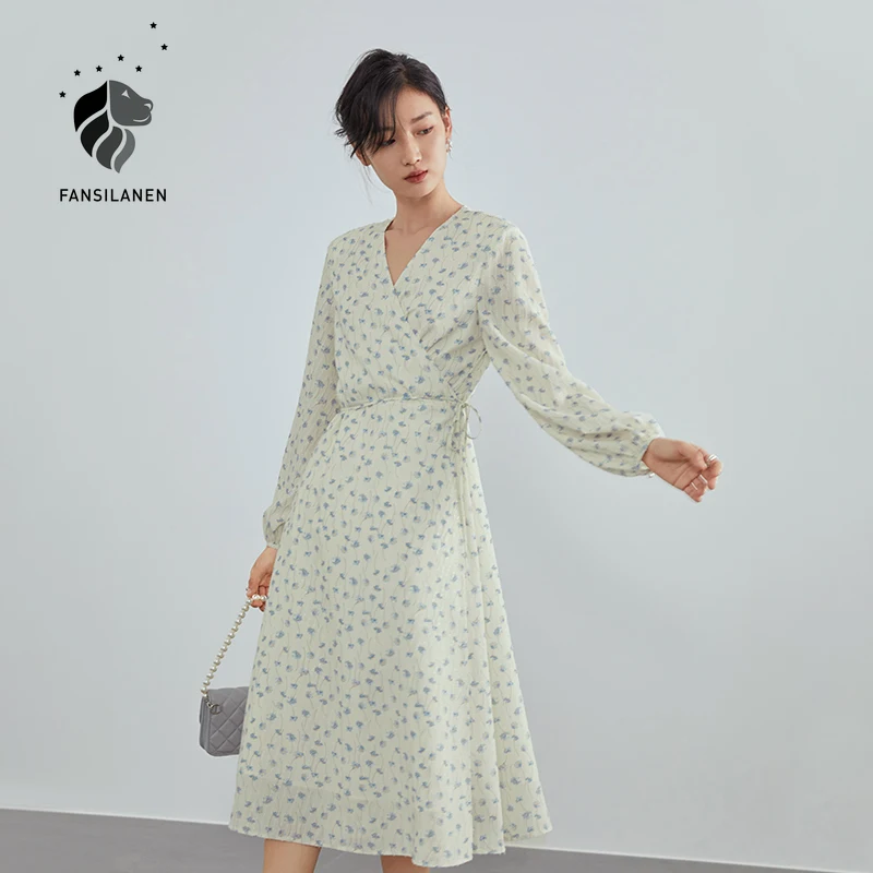 

FANSILANEN Elegant Floral Print Long Wrap Dress Women V-Neck Long Sleeves Spring Summer Dress Beach Slimming Maxi Skirts Female