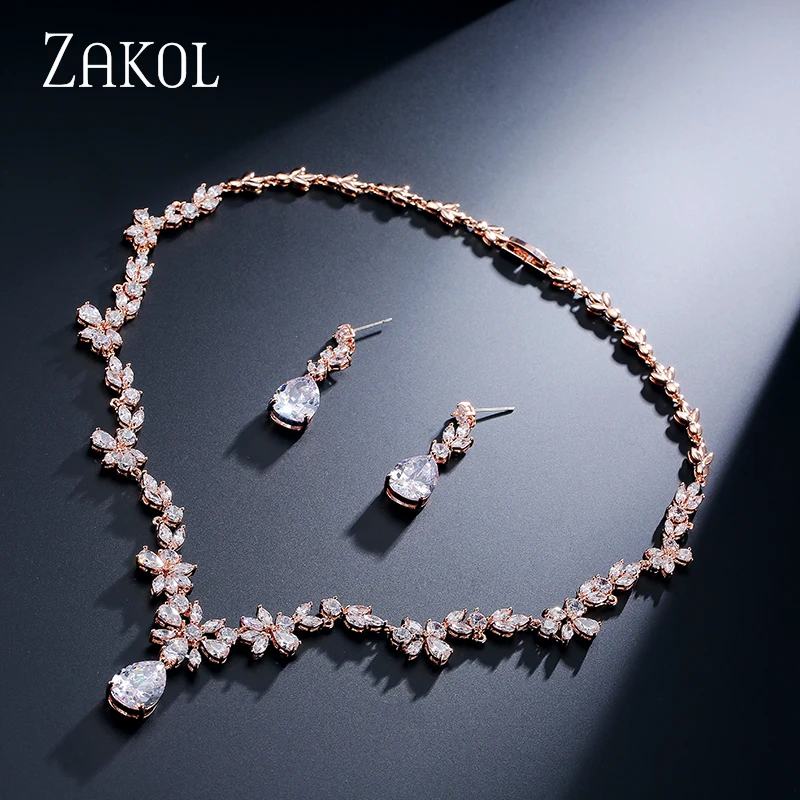 ZAKOL, модный набор, цветок, кубический цирконий, кристалл, женские серьги, ожерелье, набор для невесты, Свадебный костюм, ювелирный набор, FSSP010 - Окраска металла: Rose Gold Color